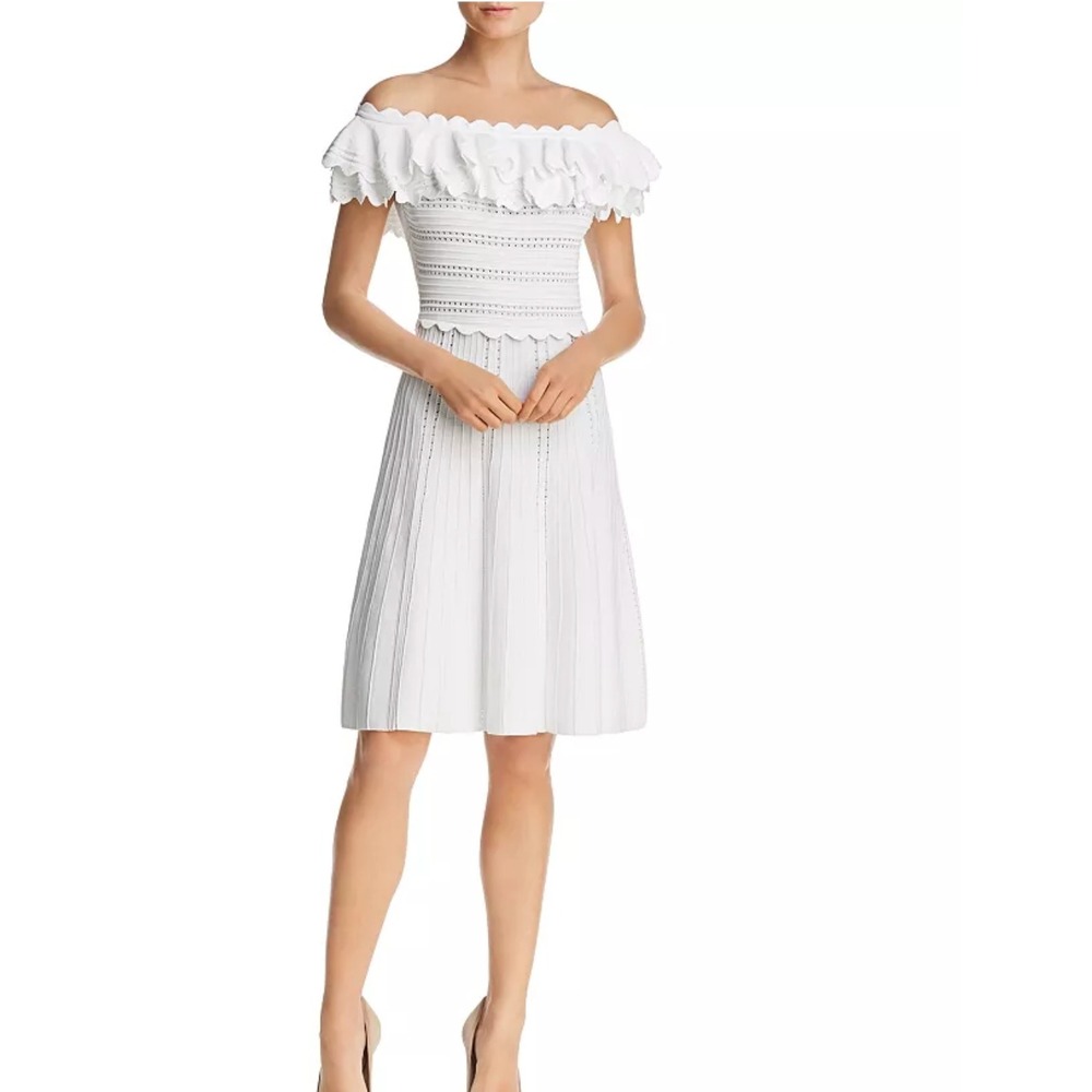 Alice + Olivia White Off-Shoulder Ruffle Midi Dress with Pleated Skirt